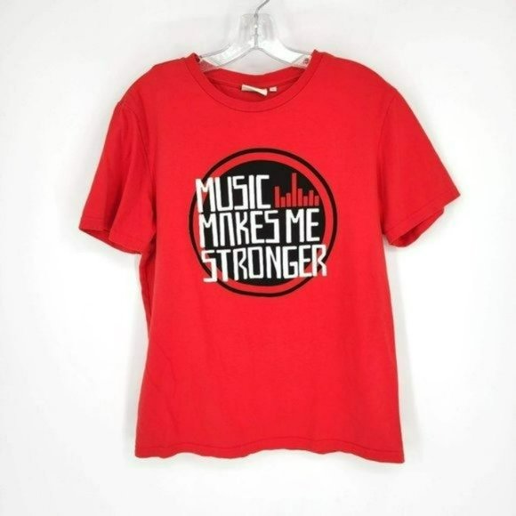 C&A Denim Stories Tee L Red Black White Music Makes Me Stronger Graphic Cotton - Picture 1 of 8